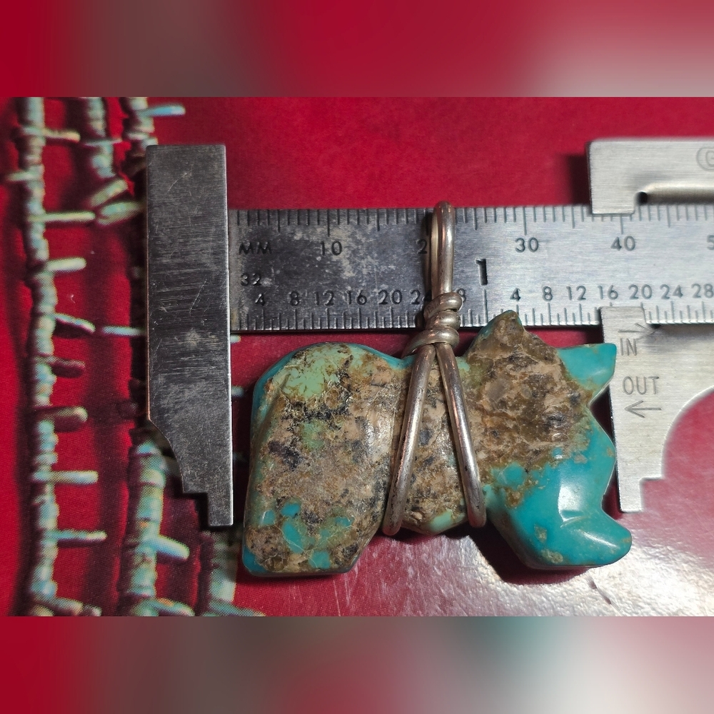 Native American Zuni Carved Turquoise Bear Fetish, Sterling Silver Pendant - Picture 5 of 5